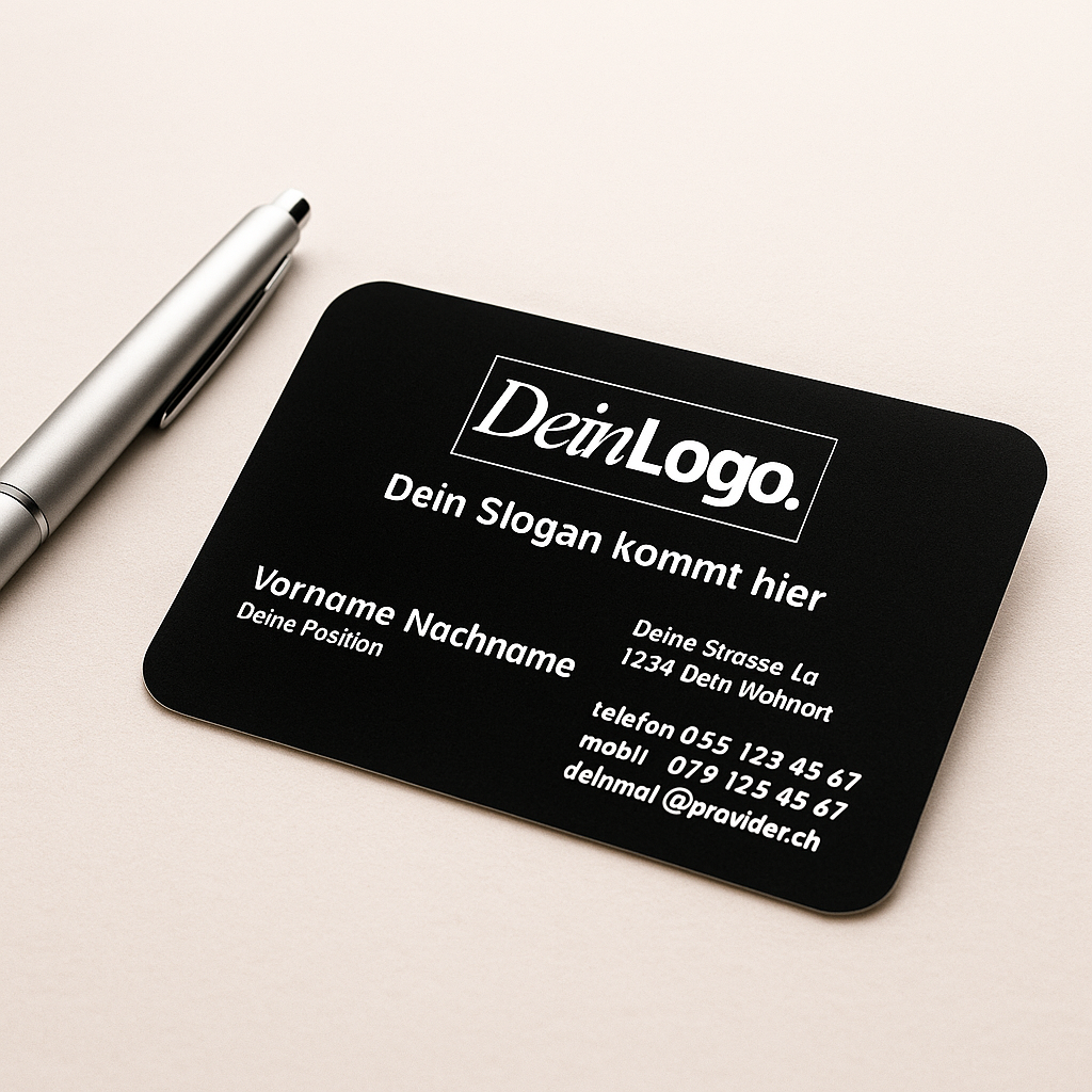 Schwarze, gravierte Aluminium-Visitenkarte mit weißem Aufdruck liegt auf heller Oberfläche neben einem silbernen Stift – ideal für Firmen oder Selbstständige, um ihr professionelles Branding zu präsentieren.