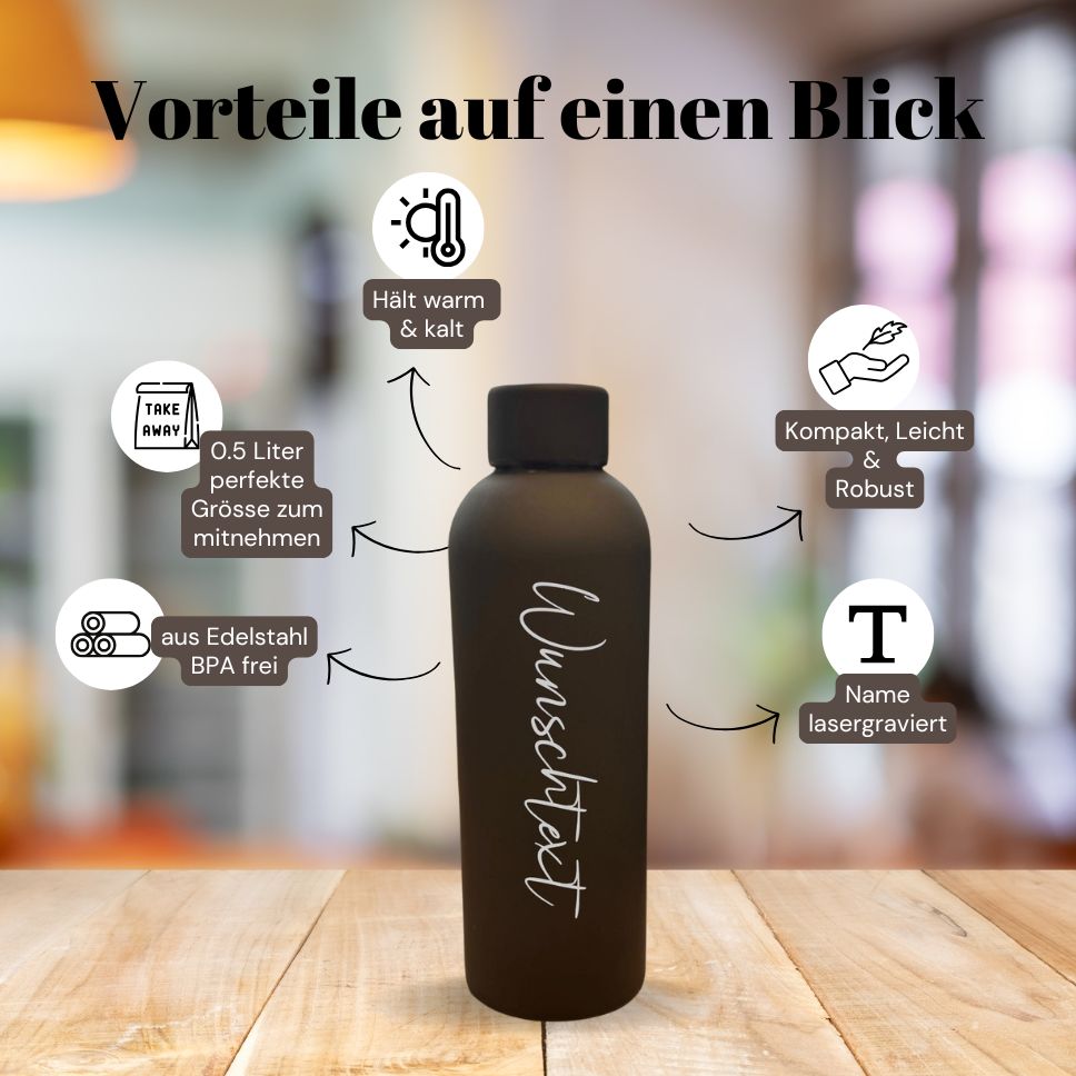 Vorteile der personalisierten Thermoflasche mit Gravur: Wunschtext, Edelstahl, 12h heiß, 24h kalt, BPA-frei