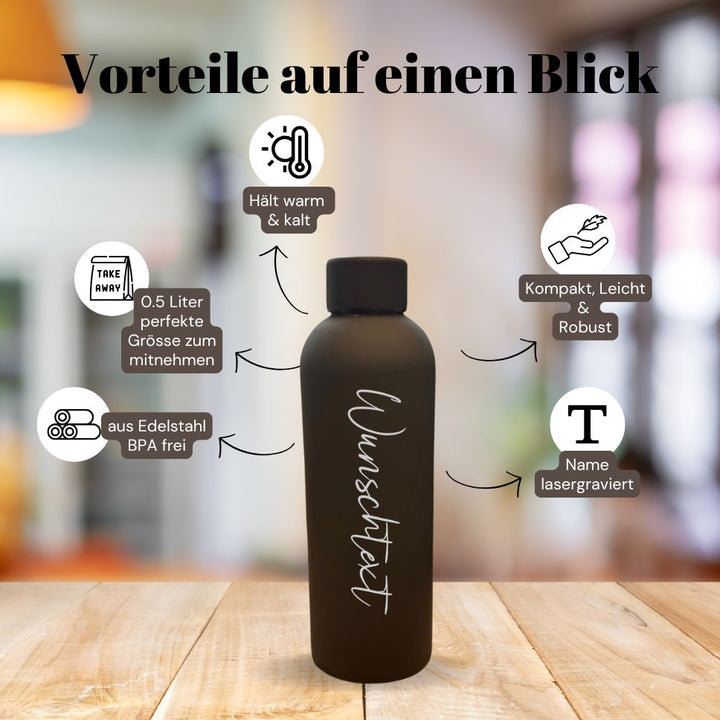 Vorteile der personalisierten Thermoflasche mit Gravur: Wunschtext, Edelstahl, 12h heiß, 24h kalt, BPA-frei