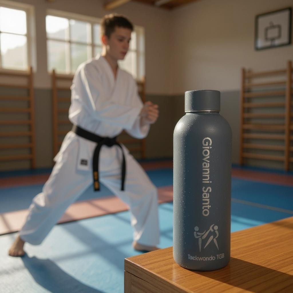 Gravierte Trinkflasche mit Taekwondo-Vereinslogo und Namensgravur