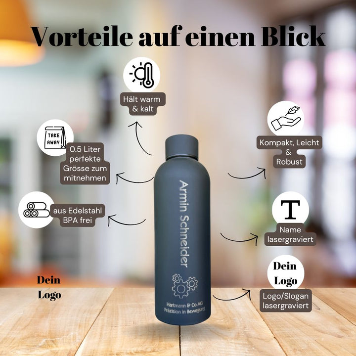 Gravierte Trinkflasche mit Vereinslogo oder Firmenlogo und individuellem Namen – personalisiertes Geschenk
